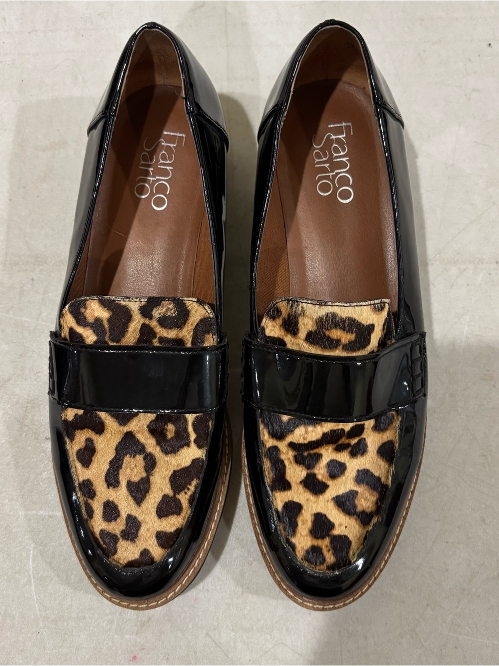 Franco Sarto Black Patent Loafers with Leopard Print